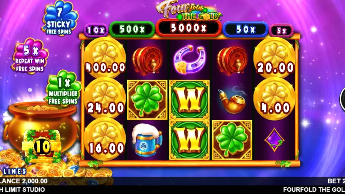 Tampilan visual slot Fourfold the Gold dengan tema ruang angkasa dan leprechaun