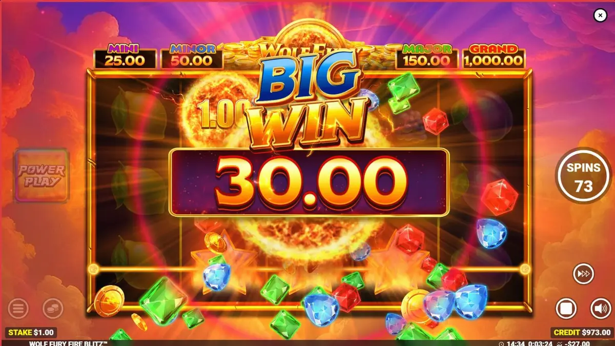 Tampilan visual slot Wolf Fury Fire Blitz dengan simbol buah dan serigala